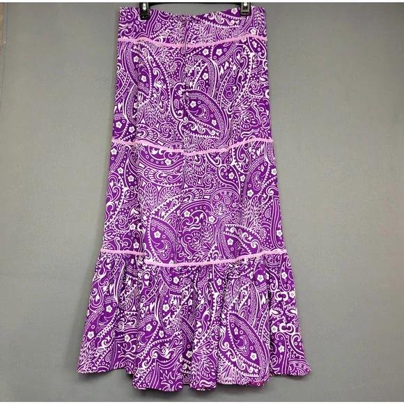 Boho Purple Pasiley Maxi Cover Skirt Womens Small Tiered Flowy Beachwear New - Picture 3 of 13